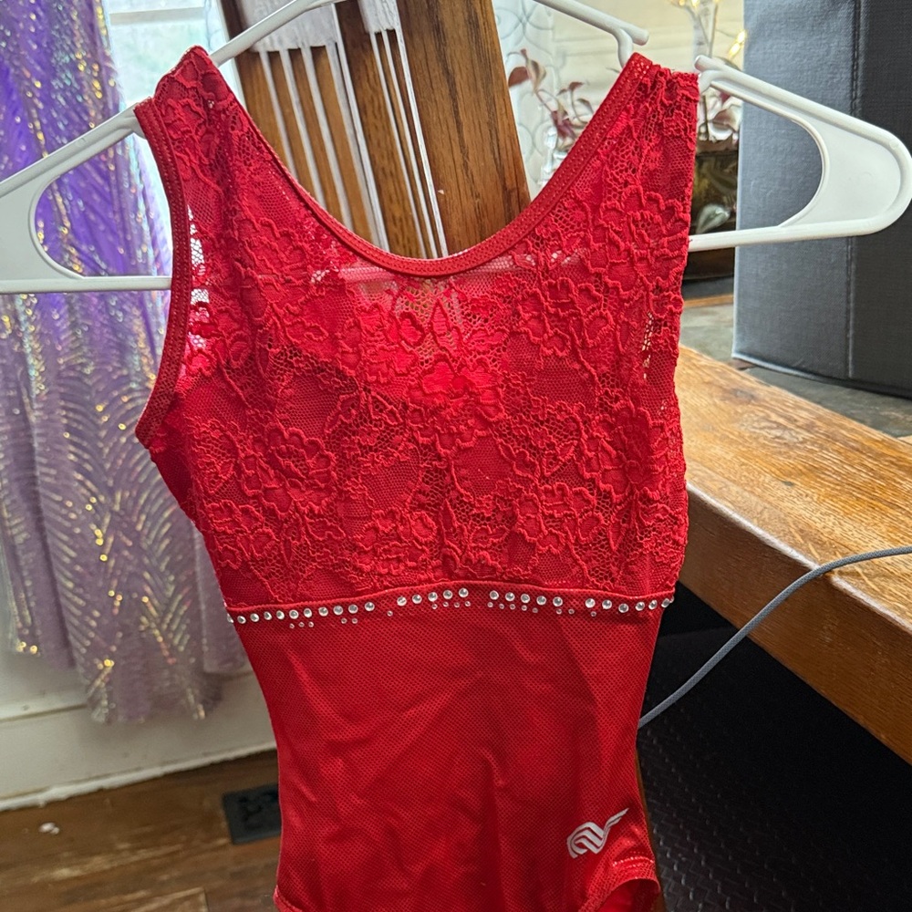 Red Lace Leotard with Rhinestone Accents